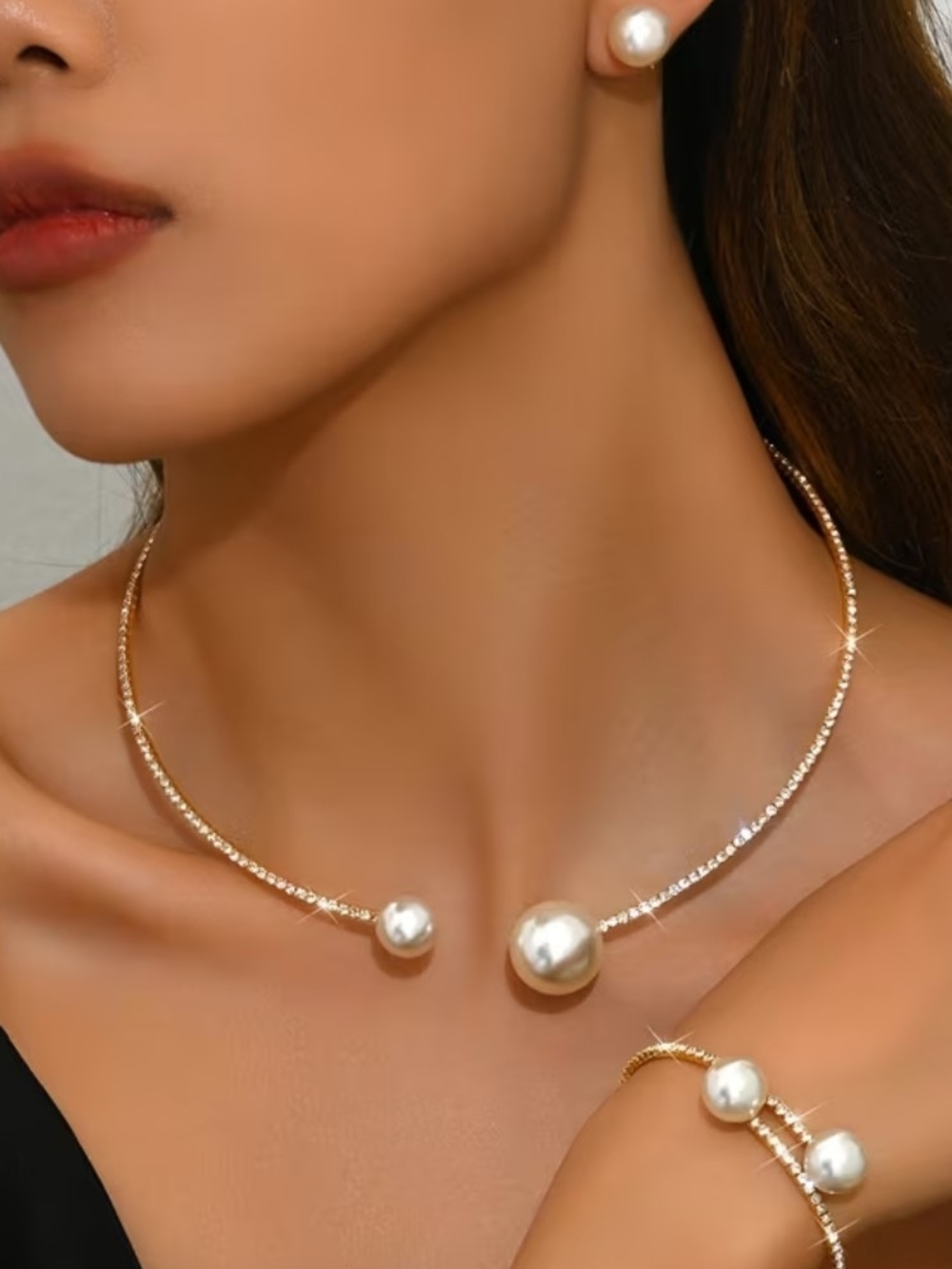 Elegant CZ Gold Tone Pearl Choker Necklace Bracelet And Earrings Set